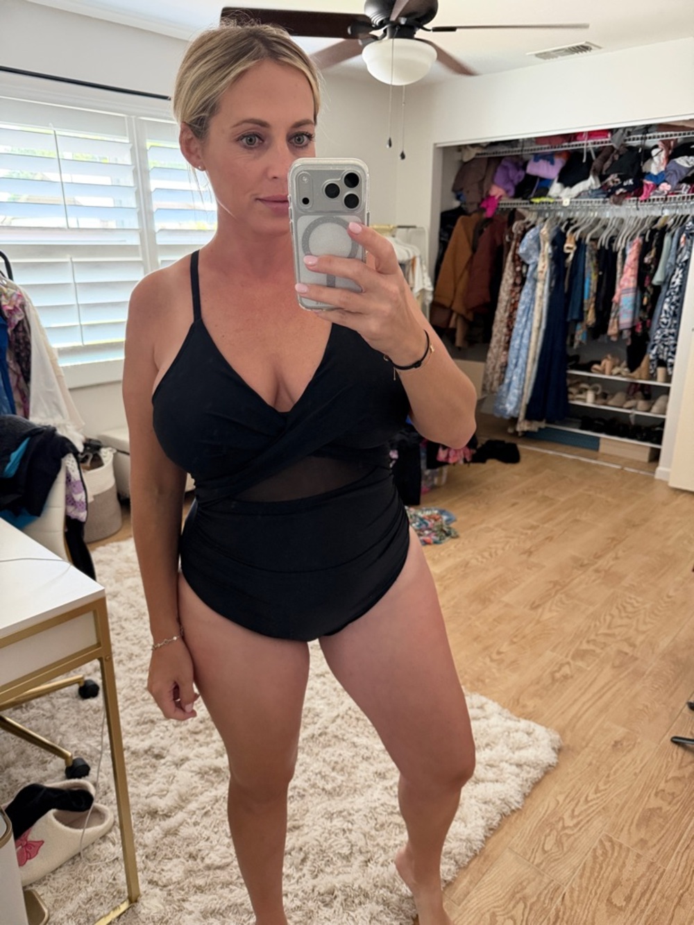 Black One-Piece Swimsuit with Mesh Waist